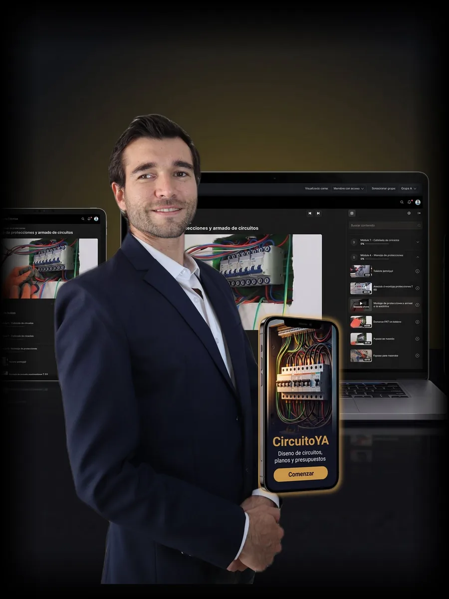 Ing. Martín Spyridacos mostrando la App CircuitoYA, con el programa Dominio Eléctrico de fondo